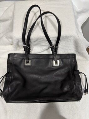 Calvin Klein Black Leather Shoulder Bag with Silver Accents